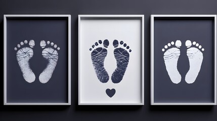 Elegant modern illustration of three distinct infant footprint styles with detailed toe impressions and a sophisticated heart cutout design on a white canvas