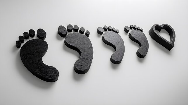 Innovative series of artistic interpretations featuring ebony baby footprints with intricate toe detail and a refined heart cutout on a seamless white backdrop