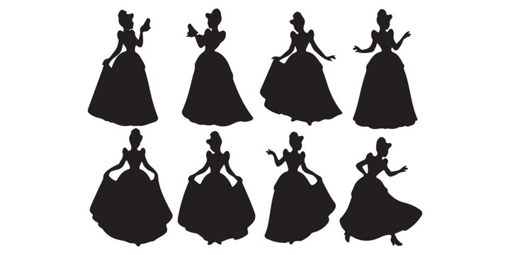 Princess Silhouette Vector, Set of silhouettes of princess, Cinderella runs out from ball and looses her shoe, Princess girl silhouette. Simple black graphic,  cinderella silhouette