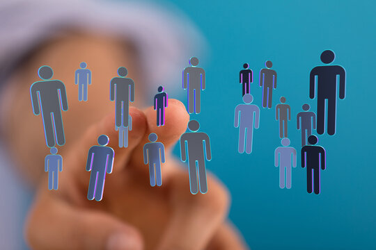 Abstract image depicting digital network with people icons representing teamwork, connections, unity and the co