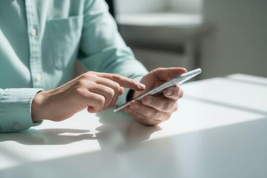 Close-up of a man's hands using a smartphone at a white table. Male person browsing the internet on a mobile phone. Modern technology and business communication concept with copy space