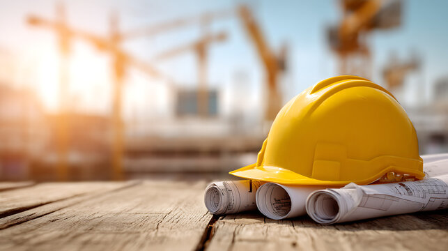 Yellow hard hat and blueprints on wooden surface with construction cranes in background rolled up