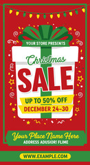Festive Christmas sale banner with gift box, green ribbon, yellow lights, and red background. Perfect for holiday promotion, discount event, or store advertising during the Christmas season.