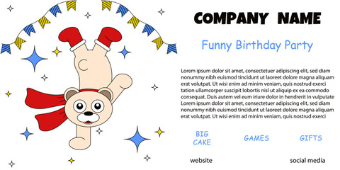 Birthday Party vector invitation horizontal banner. Vector hand drawn polar bear with holiday ribbon and typography. Perfect ads banner for holiday management company. EPS 10