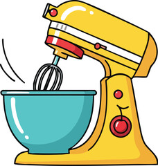 Yellow kitchen mixer with turquoise bowl mixing ingredients on white background cartoon style