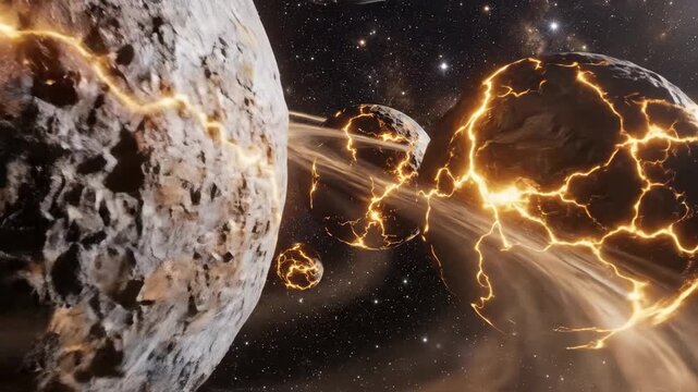 Shattering alien planets and moons, broken with glowing cracks and lava, orbiting a powerful energy ring in a dark, star-filled galaxy, symbolizing destruction, chaos, and impending doom