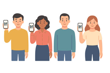 Obraz premium Four diverse individuals holding mobile phones showing scannable QR codes for digital services