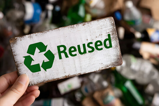 close-up of a hand holding wood white sign with green recycling symbol and word reused, set against blurred background of bottles and paper, representing environmental awareness and eco responsibility