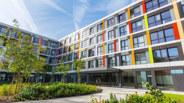 Modern apartment building with colorful facade and greenery. Bright blue sky with clouds. Urban architecture in a residential area. - Powered by Adobe