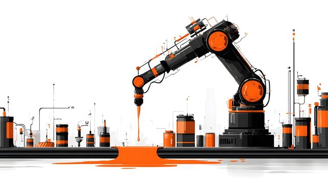 Vibrant Vector Graphic Depicting a State-of-the-Art Robotic Arm Pouring a Semi-Fluid Concrete Mixture in an Automated Industrial Factory Setting