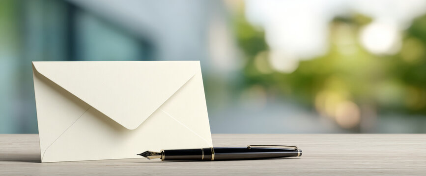 A white envelope and a fountain pen on the table with blurred background of trees