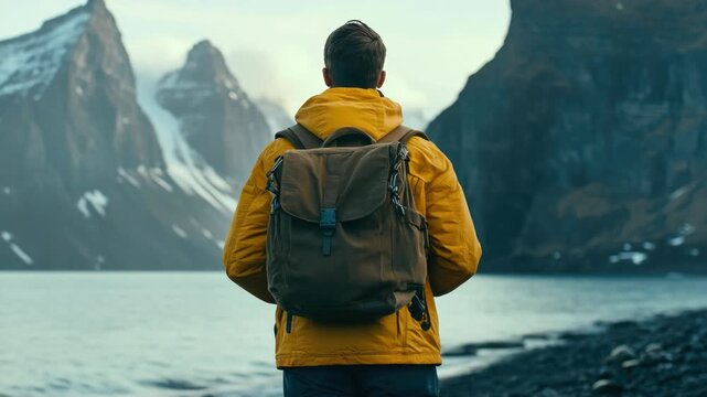 Man wearing a bright yellow jacket and backpack standing in front of snow-capped mountains.