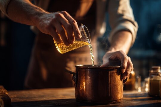 Adding liquid to a copper cooking pot over steam in a kitchen, hands visible, glass pitcher pouring golden liquid for cooking project, preparation of food, rustic charm.