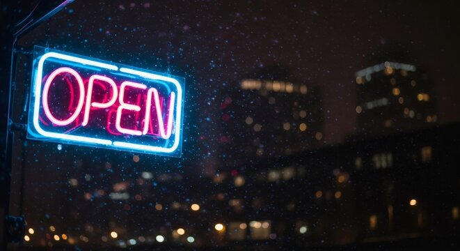 Neon sign with an open word in a window on a dark snowy winter night. Retail business sign with falling snow.