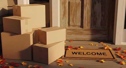 Cardboard Boxes Delivered at Front Door with Welcome Mat and Autumn Leaves, Home Delivery Concept