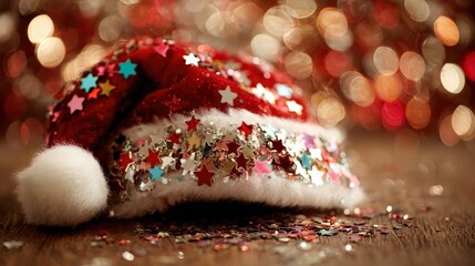 Festive fabric headwear adorned with multicolored star shaped sequins rests on a wooden surface with sparkling bokeh in the background
