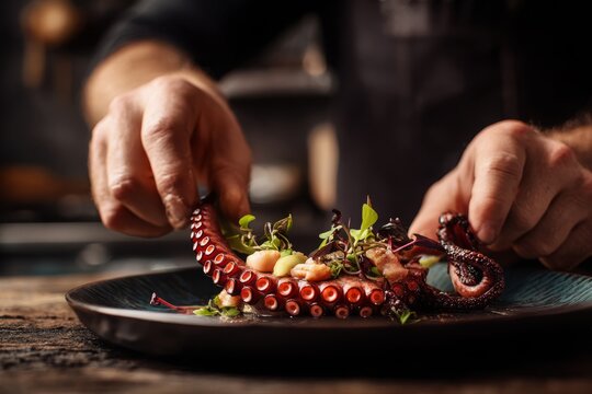 A chef prepares a delicious octopus dish with fresh ingredients, plating a vibrant seafood creation, showing culinary artistry and expertise in fine dining experience.