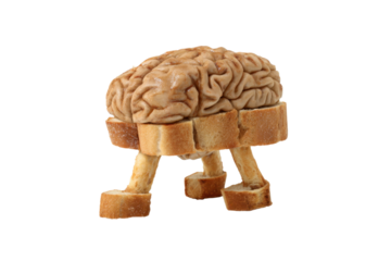 Conceptual brain stand on toast squares with bread feet on transparent background