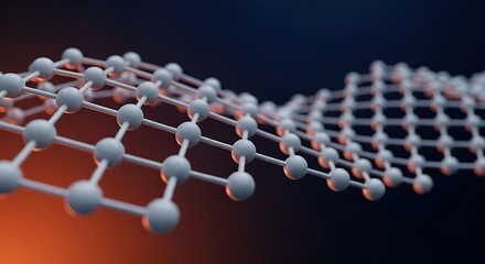 Abstract 3D render of a graphene structure with a dark blue and orange background