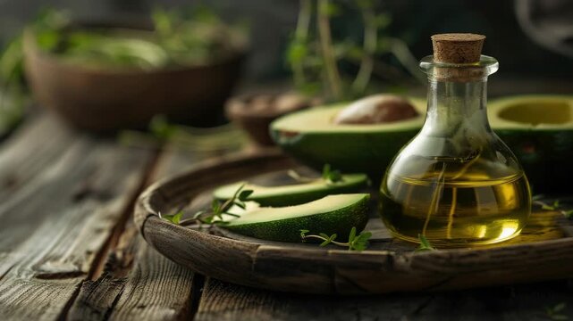 A close-up of a bottle of oil with a cork stopper next to slices of avocado arranged on a weathered wooden platter.