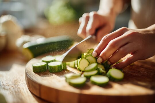 A close-up shot of female hands cutting a zucchini on a wooden cutting board, preparing a healthy and organic meal in a bright kitchen, vibrant green colors. - Powered by Adobe