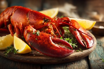 A vibrant red lobster, cooked and garnished with lemon and herbs, served on a rustic wooden board for a delicious seafood experience, ready to eat.