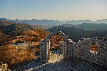 Ancient ruins of the Genoese Storm Gate Fortress overlooking the picturesque Gelendzhik Bay on the Black Sea coast, a historic landmark. © Елена Ветлина