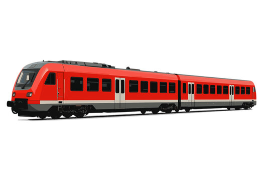 Long red regional passenger train isolated on white background
