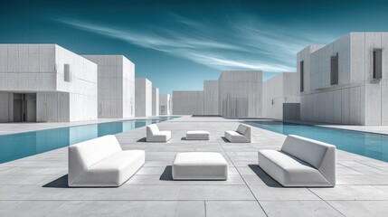 Minimalist white outdoor furniture set rests beside a long reflecting pool amid stark modern architecture under a dramatic blue sky