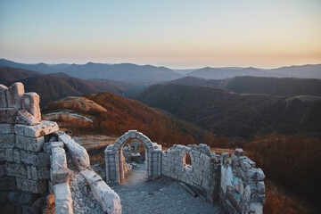 Ancient ruins of the Genoese Storm Gate Fortress overlooking the picturesque Gelendzhik Bay on the Black Sea coast, a historic landmark. © Елена Ветлина