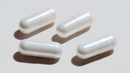 Simple white capsules on a plain surface ready for health supplement use