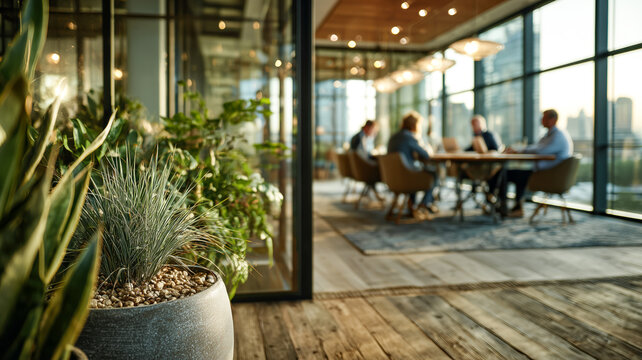 Sunlit office scene with plants and a blurred meeting in the background, showing focus on calm work environment, and collaborative spirit.