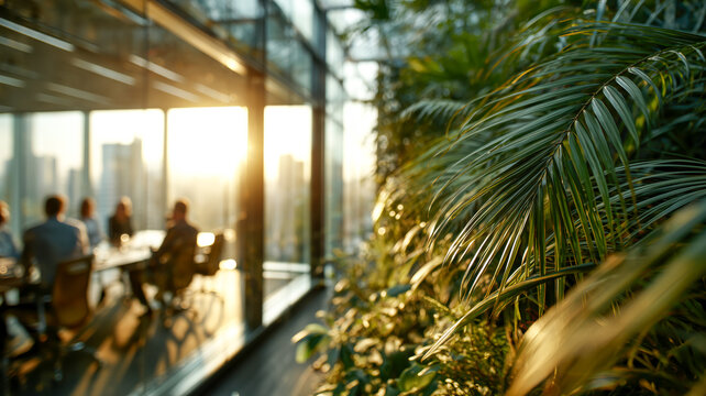 Modern office space with lush greenery, featuring meeting and cityscape views for a unique and inspiring workplace.