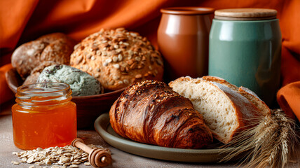 A rustic spread featuring assorted artisan breads, a croissant, fresh honey, and decorative pottery against a warm backdrop.
