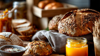An assortment of freshly baked breads, paired with vibrant jams, offers a comforting and inviting breakfast or brunch experience.
