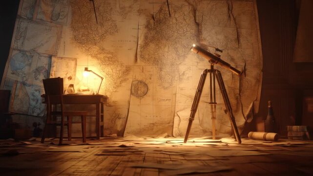 A dimly lit room with vintage maps on the wall, a telescope, a desk, and a chair