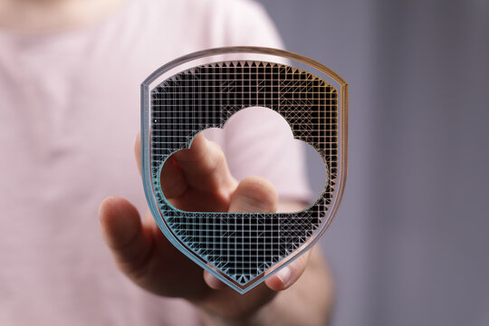 Secure digital cloud data concept, protection and safety with shield and digital connection technology.