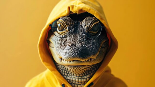 Close-up of an alligator wearing a bright yellow hooded sweatshirt with black and white detail.