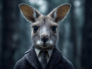 portrait of an anthropomorphic kangaroo with big eyes wearing a dark gray jacket and tie against a blurred forest background, blending wildlife charm and human fashion