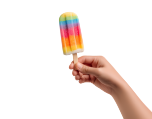 Hand Holding Vibrant Rainbow Popsicle isolated on transparent background
