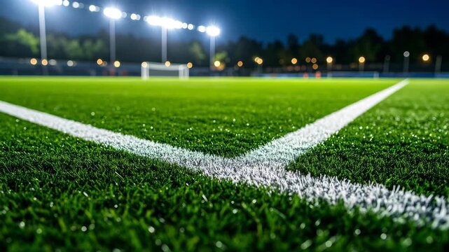 Close up of a well-maintained, illuminated soccer field showcasing the vibrant green grass and crisp white lines at night.