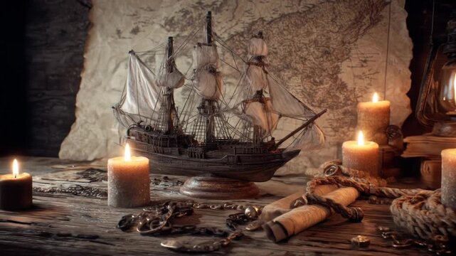 A miniature ship sits amid candles, a map, and scrolls, creating a vintage nautical aesthetic