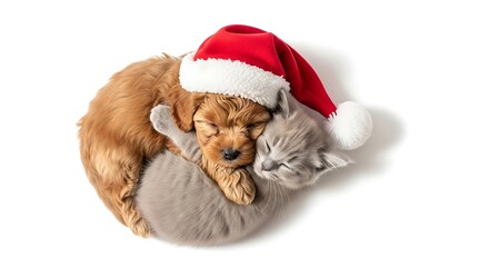 Adorable puppy and kitten snuggling together wearing a Christmas hat.