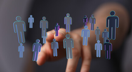 Connecting hand to the network of people. Social networking, global community and partnership. Virtual interact