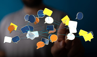 Abstract network of digital chat bubbles with connected lines, symbolizing communication and connection, ideal