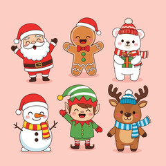 Fototapeta premium Cute Christmas character set featuring Santa, gingerbread man, polar bear, snowman, elf, and reindeer in festive outfits. Perfect for holiday cards, stickers, decorations, and winter designs.