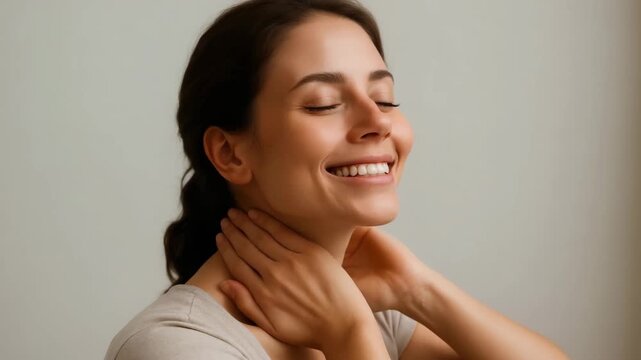 Moment of serenity.  Woman gently touching her neck while smiling. Sense of relaxation, well-being, happiness and contentment, perfect for wellness or beauty-related content. Self-care and inner peace