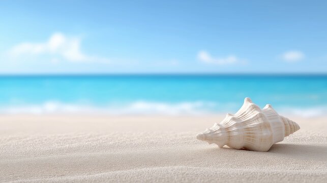 Close-up of a beautiful seashell resting on soft sandy beach, with a serene ocean view and clear blue sky in the background, capturing the essence of summer relaxation