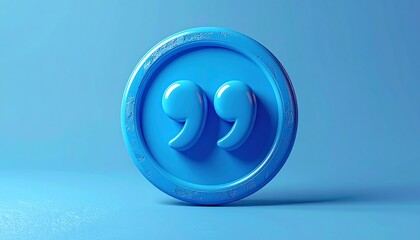 Blue quote marks sit on a round shape against matching background. Soft shadows