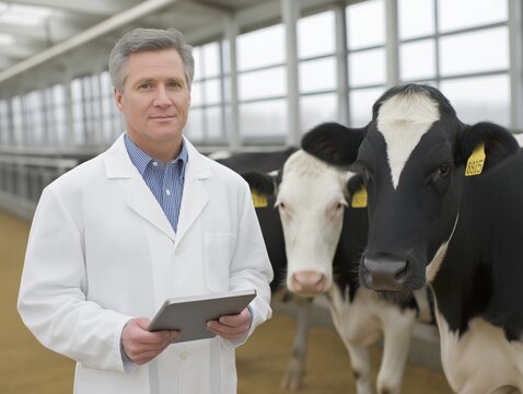 Male veterinarian in white coat stands confidently with tablet in hand, surrounded by dairy cows in a modern barn, showcasing animal care and agricultural practices